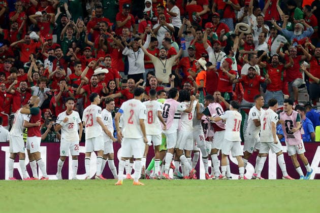 2026-06-29 Netherlands v Morocco - Round Of 32 - FIFA World Cup, WM, Weltmeisterschaft, Fussball 2026 GUADALUPE, MEXICO - JUNE 29: Issa Diop of Morocco celebrates after scoring the team s first goal with Achraf Hakimi of Morocco, Noussair Mazraoui of Morocco, Sofyan Amrabat of Morocco, Nayef Aguerd of Morocco, Ayyoub Bouaddi of Morocco, Chemsdine Talbi of Morocco, Azzedine Ounahi of Morocco, Soufiane Rahimi of Morocco, Brahim Diaz of Morocco, Ismael Saibari of Morocco, Munir Mohamedi of Morocco, Zakaria El Ouahdi of Morocco, Samir El Mourabet of Morocco, Gessime Yassine of Morocco, Abde Ezzalzouli of Morocco, Chadi Riad of Morocco, Youssef Belammari of Morocco, Ayoub El Kaabi of Morocco, Ayoube Amaimouni of Morocco, Ahmed Reda Tagnaouti of Morocco, Bilal Khannouss of Morocco, Neil El Aynaoui of Morocco, Redouane Halhal of Morocco, Anass Salah Eddine of Morocco during the Round Of 32 - FIFA World Cup 2026 match between Netherlands and Morocco at Monterrey Stadium on June 29, 2026 in Guadalupe, Nuevo Leon. (Photo by BSR Agency) Guadalupe Mexico Content not available for redistribution in The Netherlands directly or indirectly through any third parties. Copyright: xBSRxAgencyx