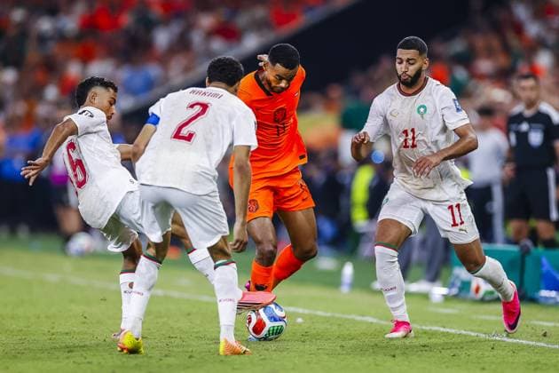 MONTERREY, 29-06-2026, Monterrey Stadium, Match between Morocco and The Netherlands during the World Cup 2026. Picture shows Morocco player Ayyoub Bouaddi , Netherlands player Cody Gakpo , Morocco player Ismael Saibari Morocco - The Netherlands (World Cup 2026)  x204748824x Copyright:
