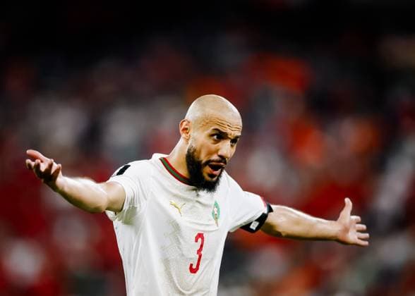 MONTERREY - Noussair Mazraoui of Morocco during the 2026 FIFA World Cup, WM, Weltmeisterschaft, Fussball knockout phase match between the Netherlands and Morocco at the Monterrey Stadium on June 29, 2026, in Monterrey, Mexico. KOEN VAN WEEL ANP FIFA World Cup 2026 - round of 32 2026 xVIxANPxSportx xxANPxIVx 562421072 originalFilename: 562421072.jpg