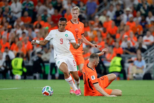 June 29, 2026, Guadalupe, Nuevo Leon, Mexico: S. Rahimi (C) of Morocco battles for possession ball with T. Koopmeiners (Below) of Netherlands, during the match between Netherlands and Morocco in the Round of 32 of the FIFA World Cup, WM, Weltmeisterschaft, Fussball 2026, at Monterrey Stadium. FIFA World Cup 2026: Netherlands Vs Morocco  - ZUMAo125 20260629_zip_o125_028 Copyright: xAntonioxOjedax