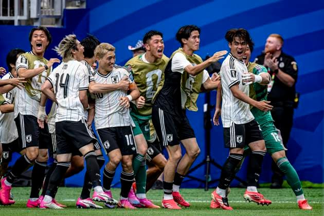 HOUSTON - Japan players celebrate the 0-1 by (r) Kaishu Sano of Japan during the 2026 World Cup match between Brazil and Japan at Houston Stadium on June 29, 2026, in Houston, United States. (Photo by Stefan Koops EYE4IMAGES DeFodi Images) - *** HOUSTON: Japanese players celebrate the 0-1 goal scored by Kaishu Sano of Japan during the 2026 World Cup match between Brazil and Japan at Houston Stadium on June 29, 2026, in Houston, United States. Photo by Stefan Koops, EYE4IMAGES, DeFodi Images