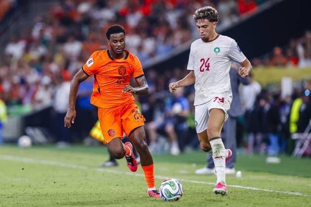 MONTERREY, 29-06-2026, Monterrey Stadium, Match between Morocco and The Netherlands during the World Cup 2026. Picture shows Netherlands player Jorrel Hato , Morocco player Neil El Aynaoui Morocco - The Netherlands (World Cup 2026)  x204749183x Copyright: