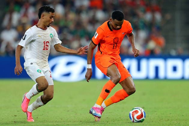 2026-06-29 Netherlands v Morocco - Round Of 32 - FIFA World Cup, WM, Weltmeisterschaft, Fussball 2026 GUADALUPE, MEXICO - JUNE 29: Gessime Yassine of Morocco, Cody Gakpo of Holland during the Round Of 32 - FIFA World Cup 2026 match between Netherlands and Morocco at Monterrey Stadium on June 29, 2026 in Guadalupe, Nuevo Leon. (Photo by BSR Agency) Guadalupe Mexico Content not available for redistribution in The Netherlands directly or indirectly through any third parties. Copyright: xBSRxAgencyx