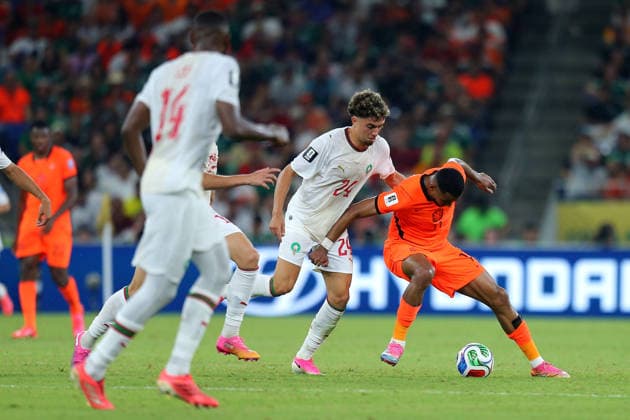 2026-06-29 Netherlands v Morocco - Round Of 32 - FIFA World Cup, WM, Weltmeisterschaft, Fussball 2026 GUADALUPE, MEXICO - JUNE 29: Neil El Aynaoui of Morocco, Cody Gakpo of Holland during the Round Of 32 - FIFA World Cup 2026 match between Netherlands and Morocco at Monterrey Stadium on June 29, 2026 in Guadalupe, Nuevo Leon. (Photo by BSR Agency) Guadalupe Mexico Content not available for redistribution in The Netherlands directly or indirectly through any third parties. Copyright: xBSRxAgencyx