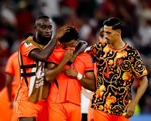 MONTERREY - Lutsharel Geertruida of the Netherlands, Quinten Timber of the Netherlands, and Tijjani Reijnders of the Netherlands look disappointed during the 2026 FIFA World Cup, WM, Weltmeisterschaft, Fussball knockout phase match between the Netherlands and Morocco at Monterrey Stadium on June 29, 2026, in Monterrey, Mexico. KOEN VAN WEEL ANP FIFA World Cup 2026 - round of 32 2026 xVIxANPxSportx xxANPxIVx 562421999 originalFilename: 562421999.jpg