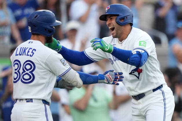 June 29, 2026, Toronto, On, CANADA: Toronto Blue Jays designated hitter George Springer (4) celebrates with teammate Nathan Lukes (38) as he comes in to score after hitting a triple on an in-field home run after a fielding error by New York Mets A.J. Ewing during first inning American League MLB, Baseball Herren, USA baseball action in Toronto, Monday, June 29, 2026. BBO-Blue-Jays-Springer 20260629  - ZUMAc35_ 20260629_zaf_c35_130 Copyright: xNathanxDenettex