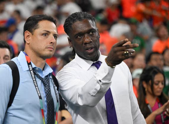 (260630) -- MONTERREY, June 30, 2026 -- Dutch former midfielder Clarence Seedorf (R) is seen during the round of 32 match between the Netherlands and Morocco at the 2026 FIFA World Cup, WM, Weltmeisterschaft, Fussball at Estadio Monterrey in Monterrey, Mexico, on June 29, 2026. ) (SP)MEXICO-MONTERREY-FOOTBALL-FIFA WORLD CUP-ROUND OF 32-NED VS MAR WuxWei 