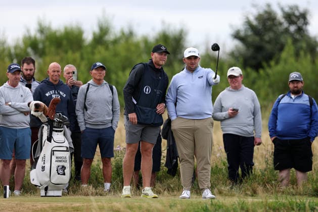 RECORD DATE NOT STATED 30th June 2026; The West Lancashire Golf Club, Liverpool, England; The Open Golf Championship Final Qualifying; Marcus Armitage (ENG) consults his caddie on the fourth hole DavidxBlunsden