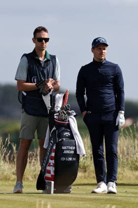 RECORD DATE NOT STATED 30th June 2026; The West Lancashire Golf Club, Liverpool, England; The Open Golf Championship Final Qualifying; Matthew Jordan (ENG) with his caddie at the 17th tee DavidxBlunsden