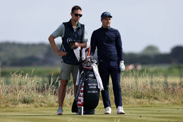 RECORD DATE NOT STATED 30th June 2026; The West Lancashire Golf Club, Liverpool, England; The Open Golf Championship Final Qualifying; Matthew Jordan (ENG) with his caddie at the 17th tee DavidxBlunsden