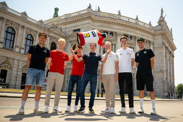 30.06.2026, Cafe Landmann, Wien, AUT, Lidl Tour of Austria 2026, PK Wien, im Bild Riccardo Zoidl, Team Hrinkow-Advarics, Sebastian Putz, Team Red Bull - BORA - hansgrohe Rookies, Alexander Hajek, Team Red Bull - BORA - hansgrohe, Patrick Konrad, Team Lidl - Trek, Rainer Kepplinger, Team Bahrain - Victorious, Philipp Hofbauer, Team Vorarlberg, und Tim Wafler, Team Storck - MRW Bau, Riccardo Zoidl, Team Hrinkow-Advarics, Sebastian Putz, Team Red Bull - BORA - hansgrohe Rookies, Alexander Hajek, Team Red Bull - BORA - hansgrohe, Patrick Konrad, Team Lidl - Trek, Rainer Kepplinger, Team Bahrain - Victorious, Philipp Hofbauer, Team Vorarlberg, und Tim Wafler, Team Storck - MRW Bau during the regional press conference, PK, Pressekonferenz in Vienna ahead of the 2026 Lidl Tour of Austria. Cafe Landmann in Wien, Austria on. Foto:Eibner-Pressefoto Bruns Wien *** June 30, 2026, Cafe Landmann, Vienna, Austria, Lidl Tour of Austria 2026, Press conference in Vienna; pictured: Riccardo Zoidl, Team Hrinkow Advarics; Sebastian Putz, Team Red Bull BORA hansgrohe Rookies; Alexander Hajek, Team Red Bull BORA hansgrohe; Patrick Konrad, Team Lidl Trek; Rainer Kepplinger, Team Bahrain Victorious; Philipp Hofbauer, Team Vorarlberg, and Tim Wafler, Team Storck MRW Bau, Riccardo Zoidl, Team Hrinkow Advarics, Sebastian Putz, Team Red Bull BORA hansgrohe Rookies, Alexander Hajek, Team Red Bull BORA hansgrohe, Patrick Konrad, Team Lidl Trek, Rainer Kepplinger, Team Bahrain Victorious; Philipp Hofbauer, Team Vorarlberg; and Tim Wafler, Team Storck MRW Bau, during the regional press conference in Vienna ahead of the 2026 Lidl Tour of Austria at Cafe Landmann in Vienna, Austria. Photo: Eibner; Press Photo: Bruns Vienna  EP_EER