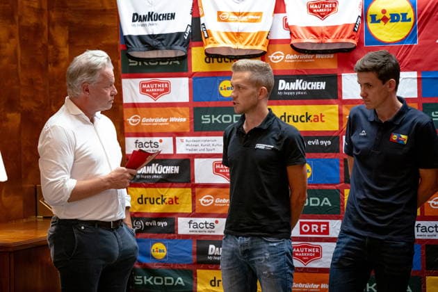 30.06.2026, Cafe Landmann, Wien, AUT, Lidl Tour of Austria 2026, PK Wien, im Bild Thomas Pupp, Lidl Tour of Austria Direktor, Riccardo Zoidl, Team Hrinkow-Advarics, und Patrick Konrad, Team Lidl - Trek, Thomas Pupp, Lidl Tour of Austria Direktor, Riccardo Zoidl, Team Hrinkow-Advarics, und Patrick Konrad, Team Lidl - Trek during the regional press conference, PK, Pressekonferenz in Vienna ahead of the 2026 Lidl Tour of Austria. Cafe Landmann in Wien, Austria on. Foto:Eibner-Pressefoto Bruns Wien *** June 30, 2026, Cafe Landmann, Vienna, Austria, Lidl Tour of Austria 2026, Vienna press conference, pictured: Thomas Pupp, Director of the Lidl Tour of Austria, Riccardo Zoidl, Team Hrinkow Advarics, and Patrick Konrad, Team Lidl Trek, Thomas Pupp, Director of the Lidl Tour of Austria; Riccardo Zoidl, Team Hrinkow Advarics; and Patrick Konrad, Team Lidl Trek, during the regional press conference in Vienna ahead of the 2026 Lidl Tour of Austria at Cafe Landmann in Vienna, Austria. Photo: Eibner, Press Photo Bruns Vienna  EP_EER