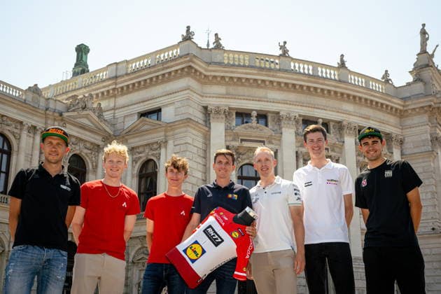 30.06.2026, Cafe Landmann, Wien, AUT, Lidl Tour of Austria 2026, PK Wien, im Bild Riccardo Zoidl, Team Hrinkow-Advarics, Sebastian Putz, Team Red Bull - BORA - hansgrohe Rookies, Alexander Hajek, Team Red Bull - BORA - hansgrohe, Patrick Konrad, Team Lidl - Trek, Rainer Kepplinger, Team Bahrain - Victorious, Philipp Hofbauer, Team Vorarlberg, und Tim Wafler, Team Storck - MRW Bau, Riccardo Zoidl, Team Hrinkow-Advarics, Sebastian Putz, Team Red Bull - BORA - hansgrohe Rookies, Alexander Hajek, Team Red Bull - BORA - hansgrohe, Patrick Konrad, Team Lidl - Trek, Rainer Kepplinger, Team Bahrain - Victorious, Philipp Hofbauer, Team Vorarlberg, und Tim Wafler, Team Storck - MRW Bau during the regional press conference, PK, Pressekonferenz in Vienna ahead of the 2026 Lidl Tour of Austria. Cafe Landmann in Wien, Austria on. Foto:Eibner-Pressefoto Bruns Wien *** June 30, 2026, Cafe Landmann, Vienna, Austria, Lidl Tour of Austria 2026, Press conference in Vienna; pictured: Riccardo Zoidl, Team Hrinkow Advarics; Sebastian Putz, Team Red Bull BORA hansgrohe Rookies; Alexander Hajek, Team Red Bull BORA hansgrohe; Patrick Konrad, Team Lidl Trek; Rainer Kepplinger, Team Bahrain Victorious; Philipp Hofbauer, Team Vorarlberg, and Tim Wafler, Team Storck MRW Bau, Riccardo Zoidl, Team Hrinkow Advarics, Sebastian Putz, Team Red Bull BORA hansgrohe Rookies, Alexander Hajek, Team Red Bull BORA hansgrohe, Patrick Konrad, Team Lidl Trek, Rainer Kepplinger, Team Bahrain Victorious; Philipp Hofbauer, Team Vorarlberg; and Tim Wafler, Team Storck MRW Bau, during the regional press conference in Vienna ahead of the 2026 Lidl Tour of Austria at Cafe Landmann in Vienna, Austria. Photo: Eibner; Press Photo: Bruns Vienna  EP_EER
