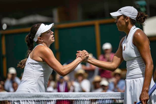 RECORD DATE NOT STATED 30th June 2026; All England Lawn Tennis and Croquet Club, London, England; Wimbledon Tennis Tournament, Day Two; Kayla Day (USA) congratulates Madison Keys (USA) on her victory in their first round match GodfreyxPitt