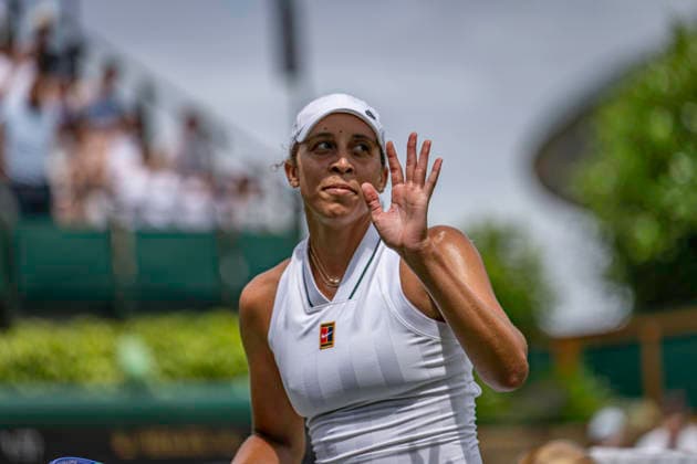 RECORD DATE NOT STATED 30th June 2026; All England Lawn Tennis and Croquet Club, London, England; Wimbledon Tennis Tournament, Day Two; Madison Keys (USA) celebrates winning her first round match against Kayla Day (USA) GodfreyxPitt
