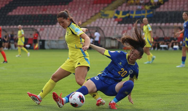 260630 Filippa Sjöström of Sweden and Amila Abdukic of Bosnia and Herzegovina during the women s Euro Under-19 football match between Bosnia and Herzegovina and Sweden on June 30, 2026 in Zenica. Photo: Aleksandar Djorovic BILDBYRAN COP 184 XX0041 fotboll football soccer fotball womens euro under-19 bosnia - sweden bbeng sverige bosnien *** June 30, 2026: Filippa Sjöström of Sweden and Amila Abdukic of Bosnia and Herzegovina during the Women’s Under-19 European Championship soccer match between Bosnia and Herzegovina and Sweden on June 30, 2026 in Zenica. Photo by Aleksandar Djorovic. BILDBYRAN COP 184 XX0041 soccer football fotboll women s Euro Under-19 Bosnia Sweden BBENG Sweden Bosnia  Copyright: AleksandarxDjorovic ,xALEKSANDARxDJOROVIC BB260630ZB008