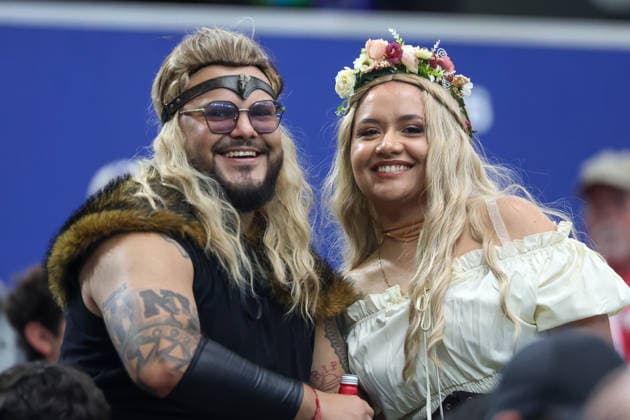 ARLINGTON, TX - JUNE 30: Two Norway fans wear traditional clothing ahead of the FIFA World Cup, WM, Weltmeisterschaft, Fussball 2026 Round of 32 match between CÃ te d Ivoire and Norway on June 30, 2026, at Dallas Stadium in Dallas, Texas. (Photo by David Buono Icon Sportswire) SOCCER: JUN 30 FIFA World Cup 26 Round of 32 - CÃ te d Ivoire vs Norway EDITORIAL USE ONLY Icon260630003