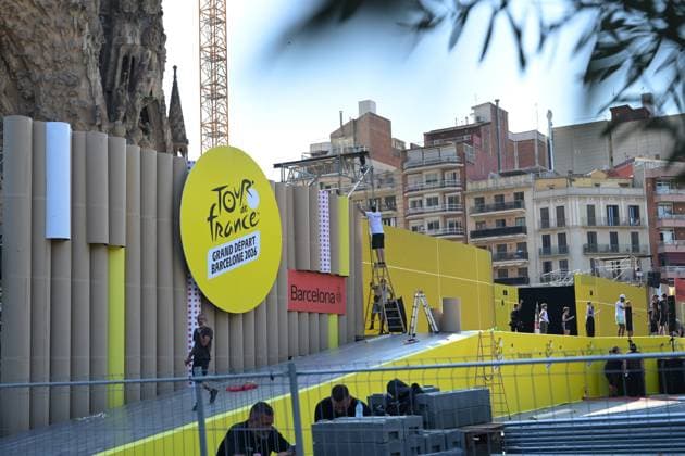 Preparatins for the departure in front of Sagrada Familia ahead of the 2026 Tour de France cycling race, Tuesday 30 June 2026, in Barcelona, Spain. The 113th edition of the Tour de France starts on Saturday 4 July in Barcelona, Spain, and will finish in Paris, France on the 26th of July. DAVIDxPINTENS  x180017324x