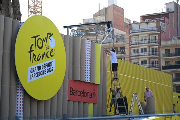 Preparatins for the departure in front of Sagrada Familia ahead of the 2026 Tour de France cycling race, Tuesday 30 June 2026, in Barcelona, Spain. The 113th edition of the Tour de France starts on Saturday 4 July in Barcelona, Spain, and will finish in Paris, France on the 26th of July. DAVIDxPINTENS  x180017325x