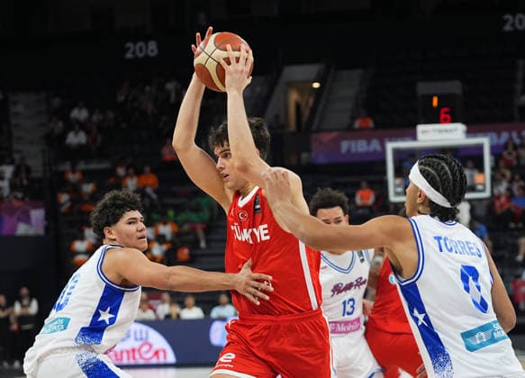Puerto Rico v Turkiye - FIBA U17, U 17 Basketball World Cup ISTANBUL, TURKIYE - JUNE 30: Demir Ozturk of Turkiye competes with Yaddiel Sanchez (13) of Puerto Rico during the FIBA U17 Basketball World Cup match between Puerto Rico and Turkiye at the Basketball Development Center on June 30, 2026, in Istanbul, Turkiye. Esra Bilgin Anadolu Istanbul Turkey. Editorial use only. Please get in touch for any other usage.  Copyright: x2026xAnadoluxEsraxBilginx