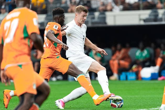 Alexander Sorloth of Norway (R) controls the ball under pressure from Ibrahim Sangare of Ivory Coast (L) during a FIFA Men’s World Cup 2026 round of 32 football match between Ivory Coast and Norway at Dallas Stadium, in Arlington on June 30th 2026 (Photo by LVDIDI SPP)  Copyright: xLVDIDI SPPx Sportspressphoto_SPR181072