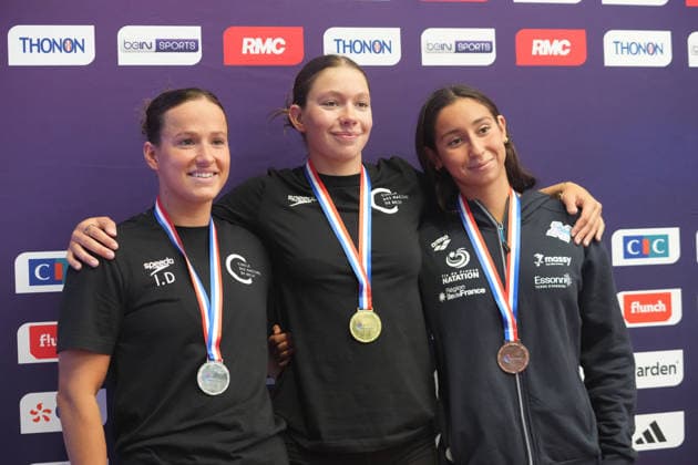 Natation - Championnat de France 30 06 2026 FINALES Ines Delecroix , Lou - Ann Gaudaire of CN Brest and Alexa Reyna of ES Massy Natation during the final 1500m Freestyle Women of the French Swimming Championships at the Raymond Sommet Olympic Pool in Saint-Etienne on June30, 2026 photos by Laurent Lairys , Saint EtienneFrance  Copyright: xLaurentxLairysx