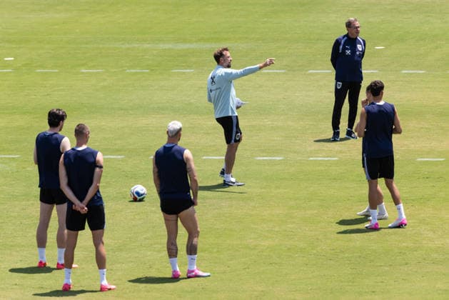 SOCCER - FIFA World Cup, WM, Weltmeisterschaft, Fussball 2026 SANTA BARBARA,CALIFORNIA,USA,30.JUN.26 - SOCCER - FIFA World Cup 2026, USA, Mexico, Canada, training Team AUT. Image shows Michael Gregoritsch, Sasa Kalajdzic, Marko Arnautovic, assistant coach Lars Kornetka, head coach Ralf Rangnick, Marcel Sabitzer and Dejan Ljubicic (AUT).  GEPAxpictures xArminxRauthner