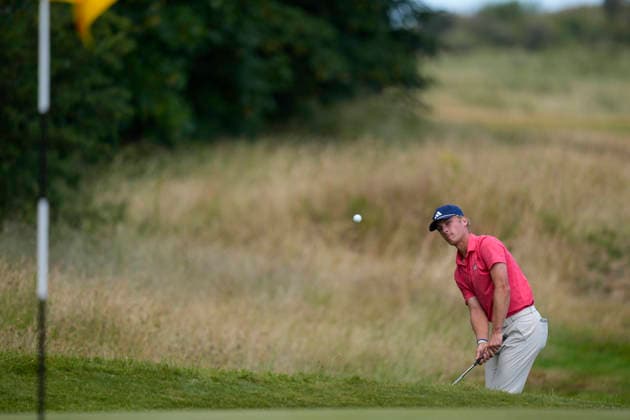CROSBY, ENGLAND - JUNE 30: Tiger Christensen chips to the fourteenth green during round one of the Final Qualifying for The Open Championship at West Lancashire Golf Club, Crosby on June 30, 2026 in Crosby, Merseyside, England The 2026 Open Championship Qualifying