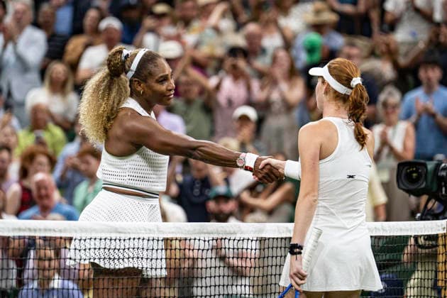RECORD DATE NOT STATED 30th June 2026; All England Lawn Tennis and Croquet Club, London, England; Wimbledon Tennis Tournament, Day Two; Serena Williams (USA) congratulates Maya Joint (AUS) on her victory in their first round match GodfreyxPitt