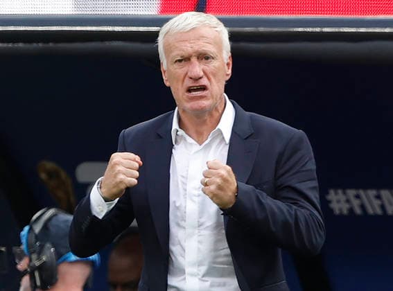 Head coach Didier Deschamps of France celebrates after Bradley Barcola scored a goal against Sweden in the second half of a Round of 32 FIFA World Cup, WM, Weltmeisterschaft, Fussball match at New York New Jersey Stadium in East Rutherford, New Jersey, on Tuesday, June 30, 2026.  NYP20260630930 JOHNxANGELILLO