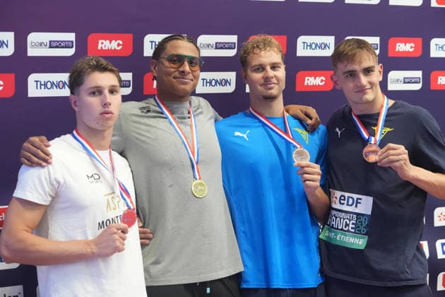 Natation - Championnat de France 30 06 2026 FINALES OSMAN Lysander of ASPTT MONTPELLIER , Yohann Ndoye - Brouard of Dauphins d Annecy ,ARKHANGELSKY Michel and Jules AndrÃ of CN Marseille during the Final 50 m Backstroke Men of the French Swimming Championships at the Raymond Sommet Olympic Pool in Saint-Etienne on June30, 2026 photos by Laurent Lairys , Saint EtienneFrance  Copyright: xLaurentxLairysx