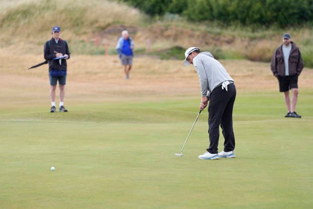 CROSBY, ENGLAND - JUNE 30: Charles Huntzinger of the USA putts on the 9th green during round two of the Final Qualifying for The Open Championship at West Lancashire Golf Club, Crosby on June 30, 2026 in Crosby, Merseyside, England The 2026 Open Championship Qualifying