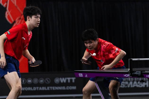 LOS ANGELES, CALIFORNIA - JUNE 30: Lin Shidong and Huang Youzheng of China compete in the Men s Doubles Round of 16 match against Eduard Ionescu and Darius Movileanu of Romania on day 5 of United States Smash 2026 at Ontario Convention Center on June 30, 2026 in Los Angeles, California.  Copyright: xVCGx 111651517797