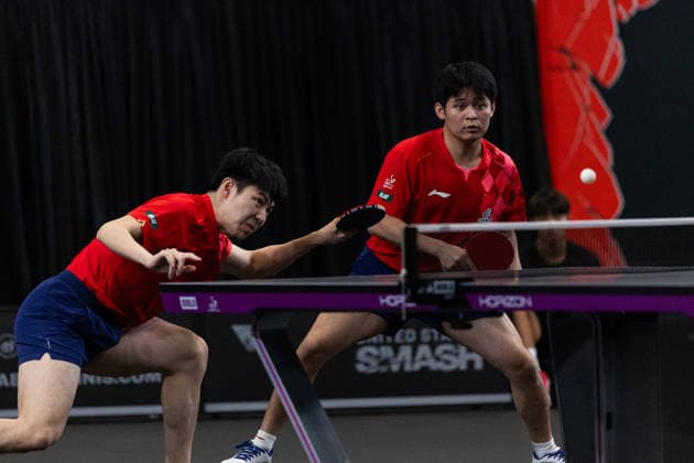 LOS ANGELES, CALIFORNIA - JUNE 30: Lin Shidong and Huang Youzheng of China compete in the Men s Doubles Round of 16 match against Eduard Ionescu and Darius Movileanu of Romania on day 5 of United States Smash 2026 at Ontario Convention Center on June 30, 2026 in Los Angeles, California.  Copyright: xVCGx 111651517798