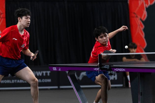 LOS ANGELES, CALIFORNIA - JUNE 30: Lin Shidong and Huang Youzheng of China compete in the Men s Doubles Round of 16 match against Eduard Ionescu and Darius Movileanu of Romania on day 5 of United States Smash 2026 at Ontario Convention Center on June 30, 2026 in Los Angeles, California.  Copyright: xVCGx 111651517801