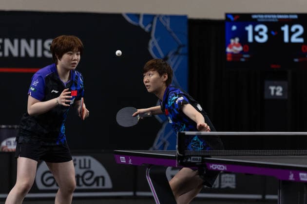 LOS ANGELES, CALIFORNIA - JUNE 30: Wang Manyu and Kuai Man of China compete in the Women s Doubles Round of 16 match against Liu Yangzi of Australia and Nina Mittelham of Germany on day 5 of United States Smash 2026 at Ontario Convention Center on June 30, 2026 in Los Angeles, California.  Copyright: xVCGx 111651532124