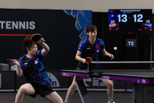 LOS ANGELES, CALIFORNIA - JUNE 30: Wang Manyu and Kuai Man of China compete in the Women s Doubles Round of 16 match against Liu Yangzi of Australia and Nina Mittelham of Germany on day 5 of United States Smash 2026 at Ontario Convention Center on June 30, 2026 in Los Angeles, California.  Copyright: xVCGx 111651532125