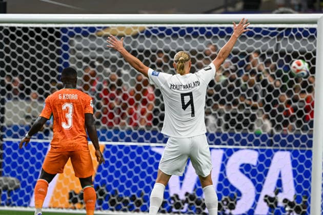 June 30, 2026: Norway forward Erling Haaland (9) reacts to their first score of the game during the FIFA World Cup, WM, Weltmeisterschaft, Fussball Round of 32 matchup between CoÂ te d Ivoire and Norway at Dallas Stadium in Arlington, Texas. Cal Media FIFA World Cup 2026: CoÂ Te D Ivoire Vs Norway JUN 30  - ZUMAc04_ 20260630_zma_c04_058 Copyright: xMichaelxDornx