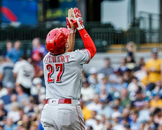Cincinnati Reds first baseman Sal Stewart celebrates after hitting a home run in the first inning of the MLB, Baseball Herren, USA game between the Cincinnati Reds and the Milwaukee Brewers at American Family Field in Milwaukee, Wisconsin on Tuesday, June 30, 2026.  MIL20260630805 TANNENxMAURY
