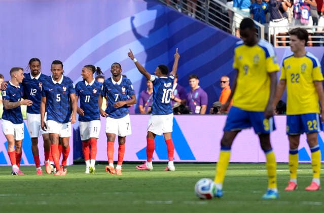 (260701) -- NEW YORK, July 1, 2026 -- Kylian Mbappe (back, 1st R) of France celebrates after scoring during the round of 32 match between France and Sweden at the 2026 FIFA World Cup, WM, Weltmeisterschaft, Fussball at the New York New Jersey Stadium, the United States, June 30, 2026. ) (SP)U.S.-NEW YORK-FOOTBALL-FIFA WORLD CUP-ROUND OF 32-FRA VS SWE LuixSiuxWai 
