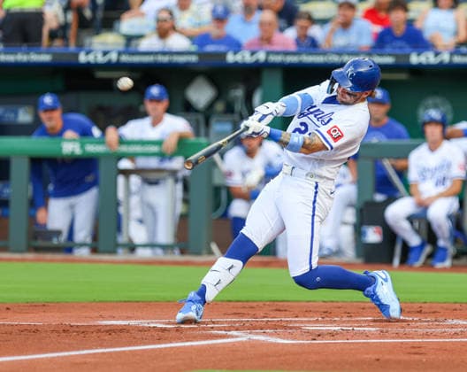 JUNE 30, 2026: Kansas City Royals catcher Carter Jensen (22) hits a home run in the 1st inning against the Tampa Bay Rays at Kauffman Stadium in Kansas City, MO. CSM MLB, Baseball Herren, USA 2026: Rays Vs Royals June 30  - ZUMAc04_ 20260630_zma_c04_165 Copyright: xRomanxPunox