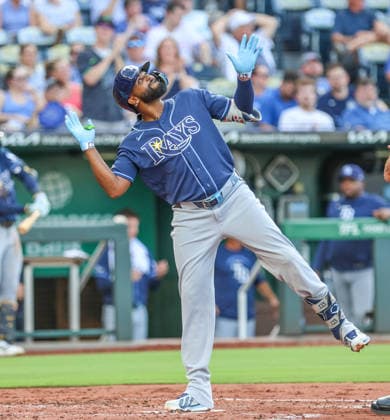 JUNE 30, 2026: Tampa Bay Rays third baseman Junior Caminero (13) celebrates at home plate after hitting a home run against the Kansas City Royals at Kauffman Stadium in Kansas City, MO. CSM Kansas City United States - ZUMAc04_ 20260630_zma_c04_169 Copyright: xRomanxPunox