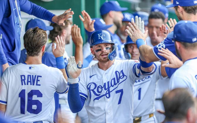 JUNE 30, 2026: Kansas City Royals shortstop Bobby Witt Jr. (7) celebrates in the dugout after hitting a home run in the 3rd inning against the Tampa Bay Rays at Kauffman Stadium in Kansas City, MO. CSM MLB, Baseball Herren, USA 2026: Rays Vs Royals June 30  - ZUMAc04_ 20260630_zma_c04_170 Copyright: xRomanxPunox