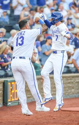 JUNE 30, 2026: Kansas City Royals shortstop Bobby Witt Jr. (7) celebrates with Kansas City Royals first baseman Salvador Perez (13) after hitting a home run against the Tampa Bay Rays at Kauffman Stadium in Kansas City, MO. CSM Kansas City United States - ZUMAc04_ 20260630_zma_c04_173 Copyright: xRomanxPunox