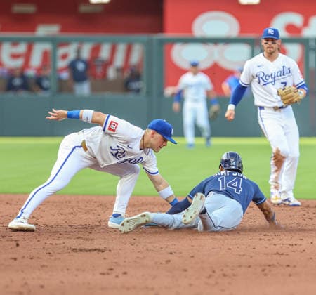 JUNE 30, 2026: Tampa Bay Rays left fielder Chandler Simpson (14) was caught stealing a base in the 3rd inning against the Kansas City Royals at Kauffman Stadium in Kansas City, MO. CSM MLB, Baseball Herren, USA 2026: Rays Vs Royals June 30  - ZUMAc04_ 20260630_zma_c04_181 Copyright: xRomanxPunox