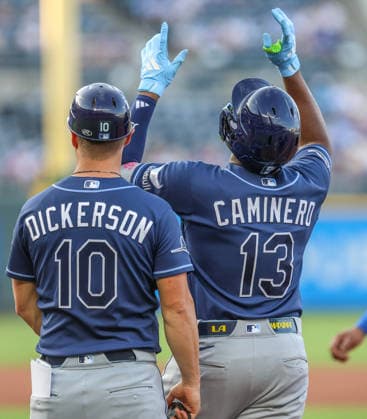JUNE 30, 2026: Tampa Bay Rays third baseman Junior Caminero (13) celebrates at first base in the 4th inning against the Kansas City Royals at Kauffman Stadium in Kansas City, MO. CSM MLB, Baseball Herren, USA 2026: Rays Vs Royals June 30  - ZUMAc04_ 20260630_zma_c04_192 Copyright: xRomanxPunox