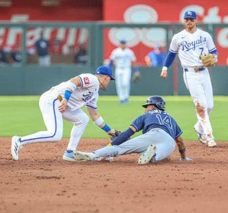 JUNE 30, 2026: Tampa Bay Rays left fielder Chandler Simpson (14) was caught stealing a base in the 3rd inning against the Kansas City Royals at Kauffman Stadium in Kansas City, MO. CSM Kansas City United States - ZUMAc04_ 20260630_zma_c04_177 Copyright: xRomanxPunox