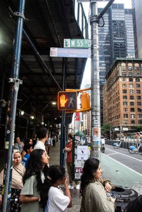 June 30, 2026, New York City, New York, USA: The New York City Department of Transportation hung orange and blue signs with the names and jersey numbers of each New York Knick basketball player at intersections along Sixth and Seventh Avenues in New York City. Knicks player Ariel Hukporti honored at the corner of West 55th street and Seventh Avenue. New York City USA - ZUMAt442 20260630_znp_t442_001 Copyright: xBillyxTompkinsx