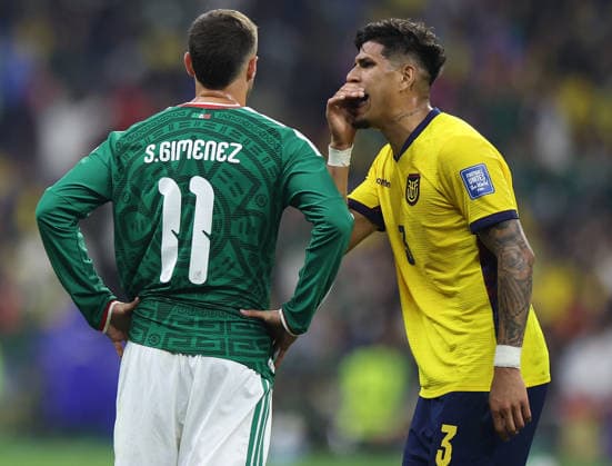 (260701) -- MEXICO CITY, July 1, 2026 -- Piero Hincapie (R) of Ecuador covers his mouth, talking to Santiago Gimenez of Mexico, then he is sent off with a red card during the round of 32 match between Mexico and Ecuador at the 2026 FIFA World Cup, WM, Weltmeisterschaft, Fussball at the Mexico City Stadium, Mexico, June 30, 2026. (Photo by Xinhua) (SP)MEXICO-MEXICO CITY-FOOTBALL-FIFA WORLD CUP-ROUND OF 32-MEX VS ECU FranciscoxCanedo 