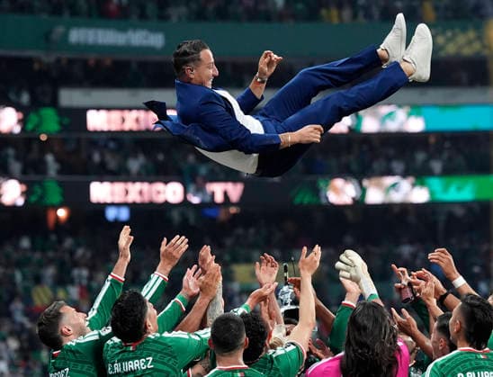 (260701) -- MEXICO CITY, July 1, 2026 -- Players of Mexico toss former Mexico player Carlos Salcido in the air to celebrate after winning the round of 32 match between Mexico and Ecuador at the 2026 FIFA World Cup, WM, Weltmeisterschaft, Fussball at the Mexico City Stadium, Mexico, June 30, 2026. (Photo by Xinhua) (SP)MEXICO-MEXICO CITY-FOOTBALL-FIFA WORLD CUP-ROUND OF 32-MEX VS ECU MartinxZabala 